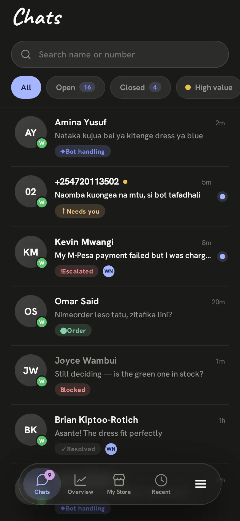 The Chats page: conversations with customers, marked by who is handling each one