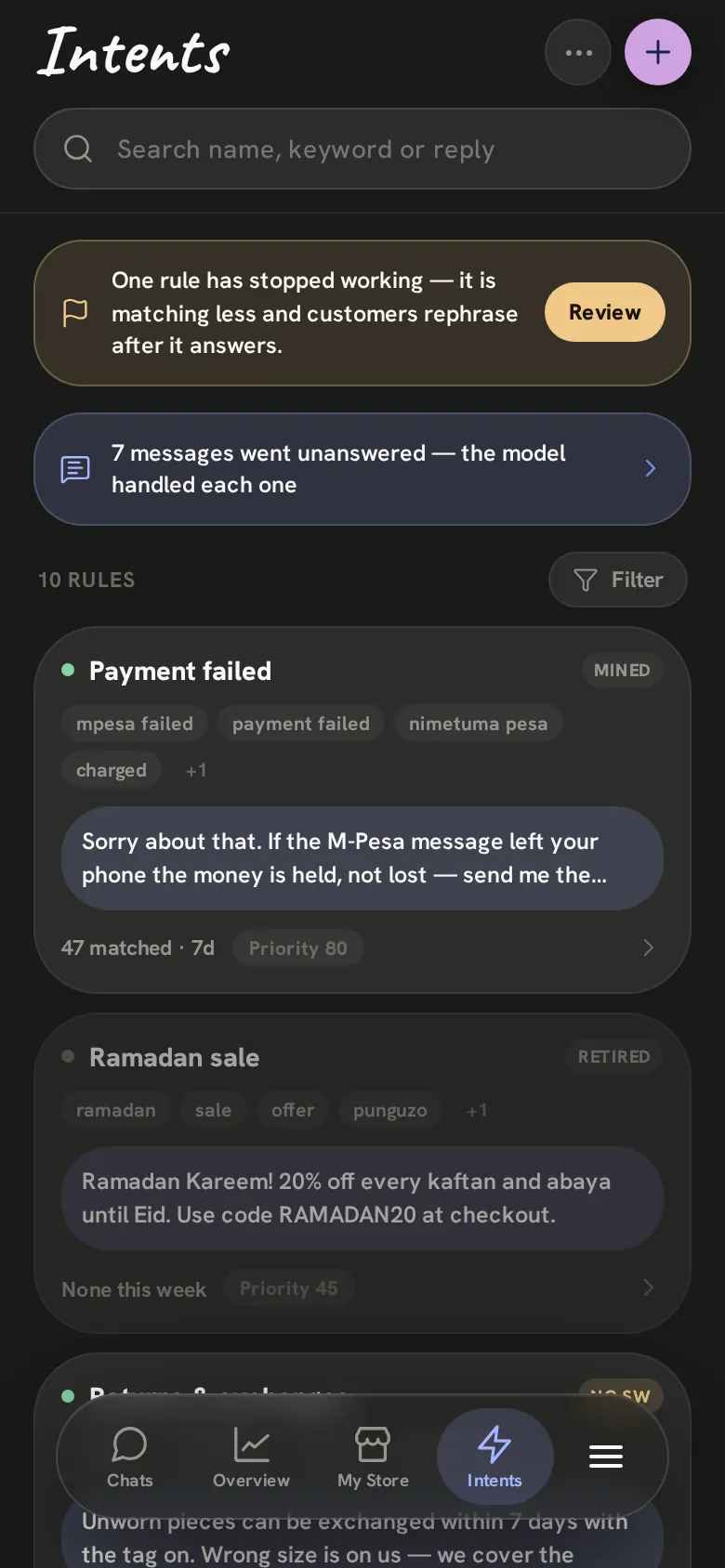 The Intents page: the answers Zenai gives, with a warning on one that stopped working